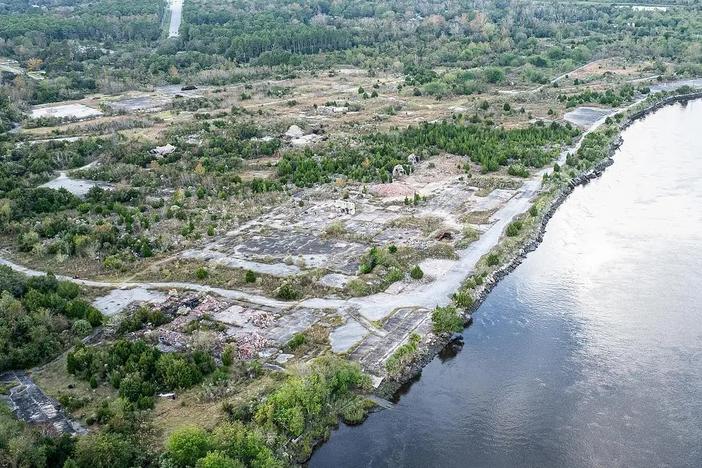 The former Gilman Paper mill site in St. Marys, GA on November 20, 2024, where Jacoby Development purchased more than 700 acres for the planned Cumberland Inlet development. Credit: Justin Taylor/The Current GA