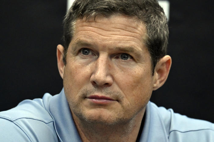 Florida Gulf Coast coach Karl Smesko talks during a news conference after an NCAA college basketball game in the Gulf Coast Showcase, Nov. 25, 2023, in Estero, Fla.