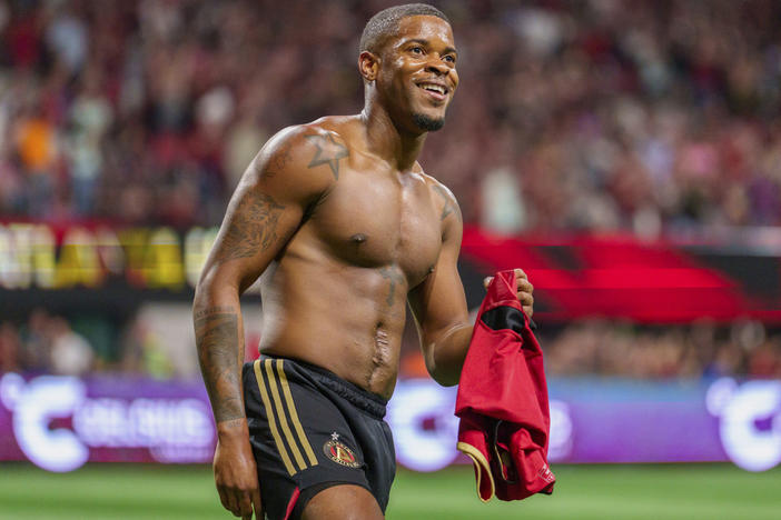 Atlanta United forward Xande Silva (16) celebrates his goal during stoppage time in the second half of an MLS soccer match against Inter Miami, Saturday, Nov. 2, 2024, in Atlanta. 