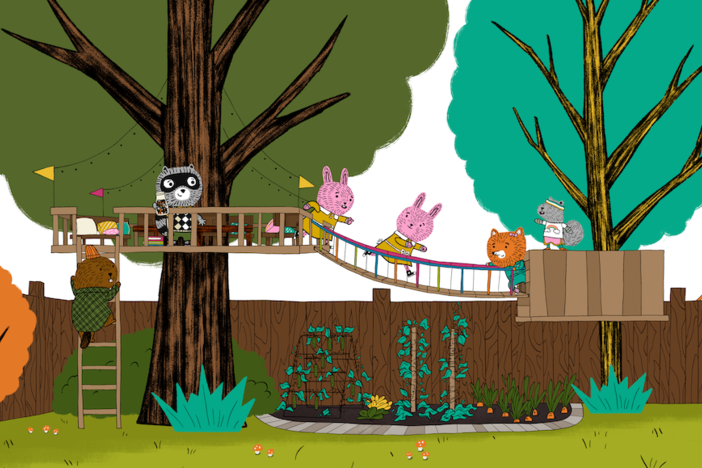 Carl and friends play throughout the treehouse.