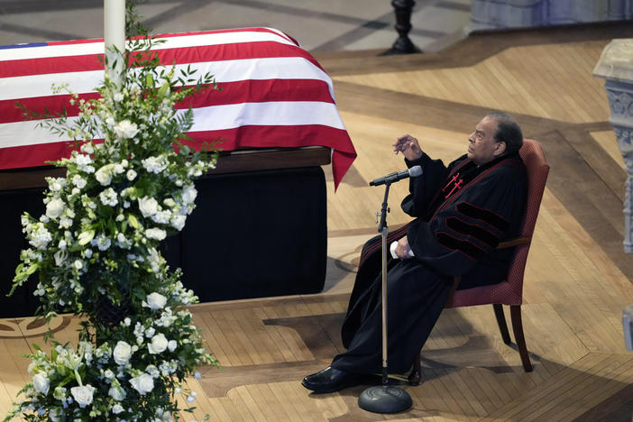 The Honorable Andrew Young speaks a Homily next to the flag-draped casket of former President Jimmy Carter, during a state funeral at Washington National Cathedral, Thursday, Jan. 9, 2025, in Washington. 