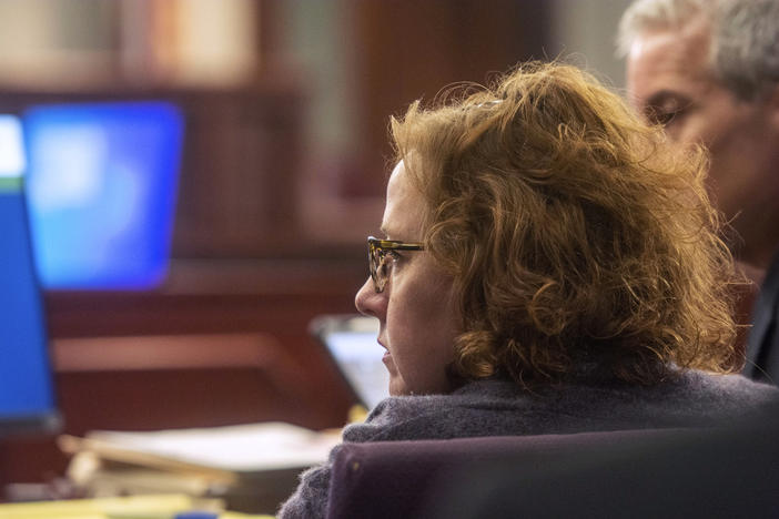 Former District Attorney Jackie Johnson sits in the courtroom Tuesday, Jan. 21, 2025, in Brunswick, Georgia, as jury selection begins in her misconduct trial. Johnson is charged with interfering with police investigating the 2020 killing of Ahmaud Arbery. 