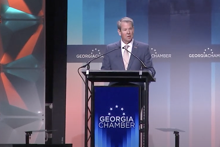 Gov. Brian Kemp speaks at the annual Eggs and Issues breakfast at the Georgia World Congress center on Jan. 14, 2025 to kick off the second day of the legislative session. (GPB)