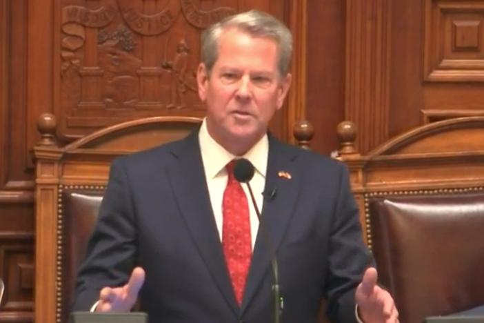 Governor Brian Kemp is shown speaking at the State of the State address at the state Capitol on January 16th, 2025.