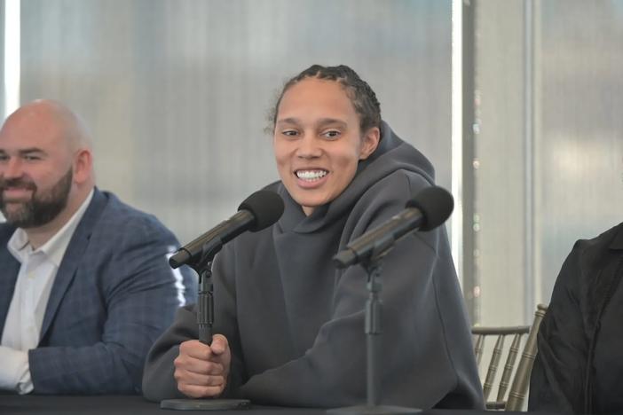 Multi-time WNBA All-Star and United States Olympian Brittney Griner (center) was all smiles during a press conference at Ventanas on Tuesday, Feb. 4, 2025. Photo by Kerri Phox/The Atlanta Voice