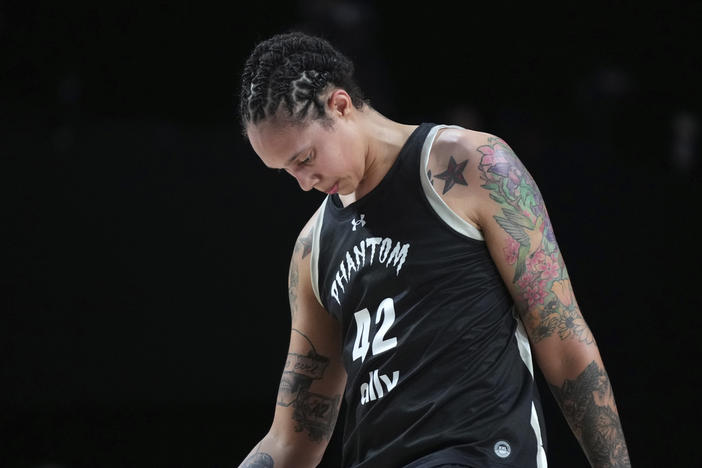 Phantom center Brittney Griner (42) stands on the court during the second half of an Unrivaled 3-on-3 basketball game against Mist Friday, Jan. 24, 2025, in Medley, Fla. 