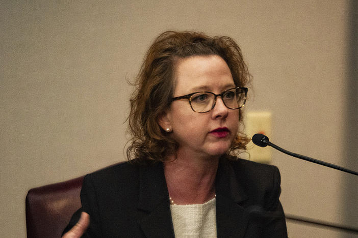 Jackie Johnson testifies in her own behalf in her trial on the single remaining charge of violating her oath of office, Tuesday, Feb. 4, 2025, in Brunswick, Ga. 