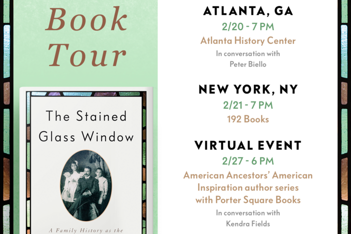 The cover of The Stained Glass Window by David Levering Lewis with dates and locations on the book tour