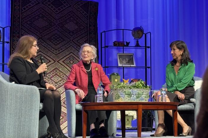 Mary Robinson (center) participates in a fireside chat with Carter Center CEP Paige Alexander (right) and Carter Center Chief Development Officer Nicole Kruse at the Carter Center in Atlanta on March 3, 2025.