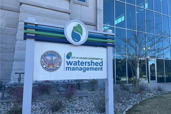 A watershed management sign outside of the Shirley C Franklin Pumping Station and Reservoir