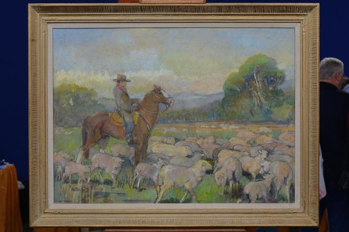 Appraisal: 1959 Minerva Teichert "Cowboy with Sheep "Oil", from Bismarck, Hour 1.