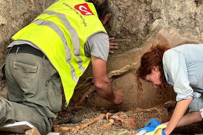 Anthropologist Dr. Valeria Amoretti is carefully excavating the remains of two bodies.