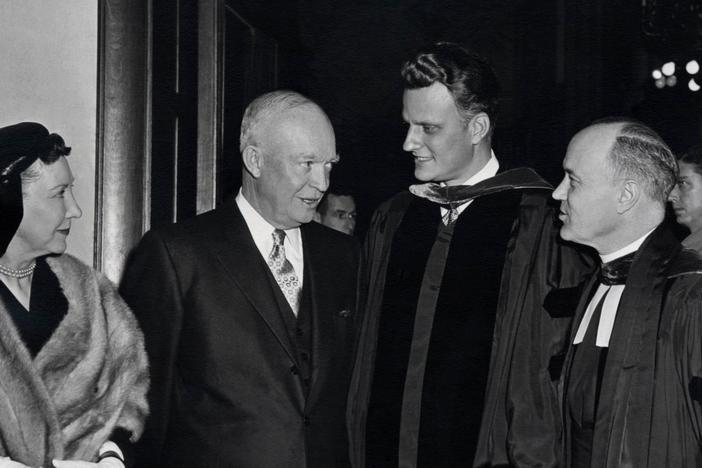 Rev. Billy Graham and  Dwight Eisenhower team up to fight "godless communism."