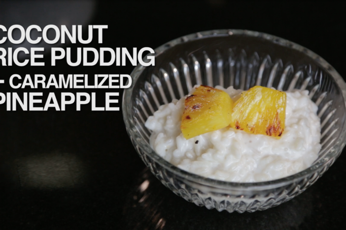 This tropical rice pudding uses half the added sugar than most rice pudding recipes. 