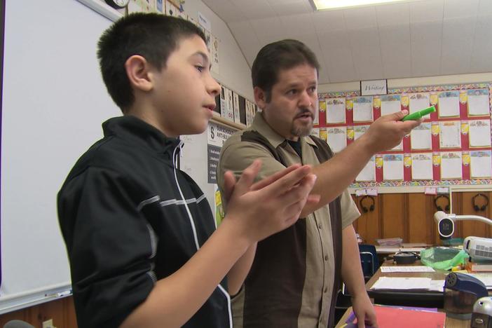 Both sons of migrant farm workers, Salinas, CA teacher Oscar Ramos mentors Jose Ansaldo.