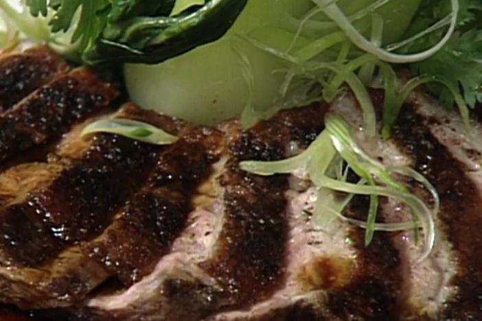 Chef Alfred Portale prepares a Muscovy duck breast with Chinese spices. 