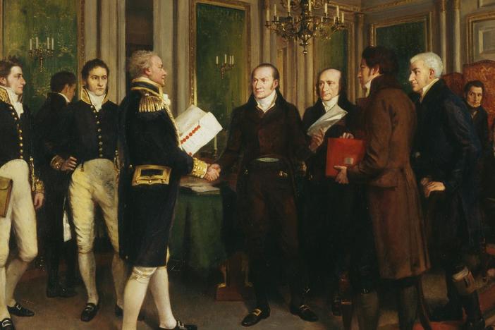 The Treaty of Ghent outlines the agreement that ended the war.