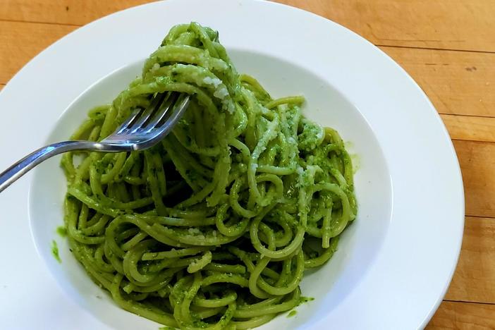 In the summer, Pepin likes to use fresh basil from his garden to make this pesto recipe.
