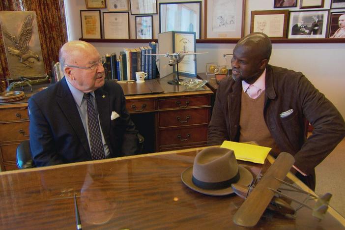Tukufu Zuberi speaks with the son of Igor Sikorsky, the Russian-born aviation pioneer.