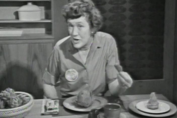 The French Chef, Julia Child shows how to buy, prepare, cook, serve, and eat artichokes.
