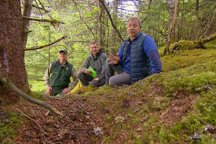 Hosts Chris and Martin Kratt explore a bear’s daybed with John Neary.