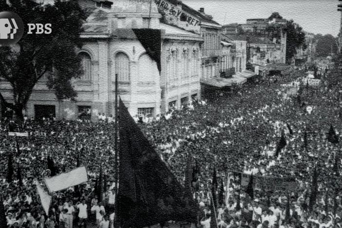 In 1945, people gather to hear Ho Chi Minh declare Vietnamese independence.