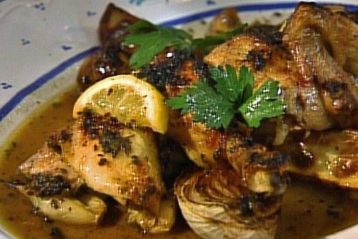 Chef Gordon Hamersley makes his famous roast chicken with garlic and lemon for Julia.  