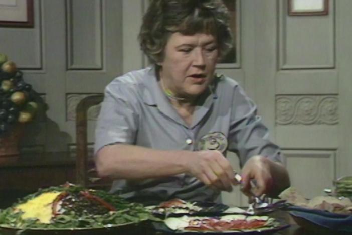 Julia Child prepares a chicken salad with her own mayonnaise, on The French Chef.