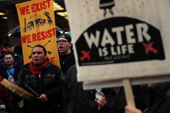 Members of the Standing Rock Sioux Tribe and its supporters, shown here during a demonstration in 2017, have opposed the Dakota Access Pipeline for years.
