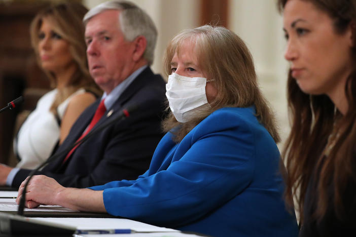 The president of the American Academy of Pediatrics, Dr. Sally Goza, attends a meeting at the White House with President Trump, students, teachers and administrators about how to safely reopen schools during the coronavirus pandemic.