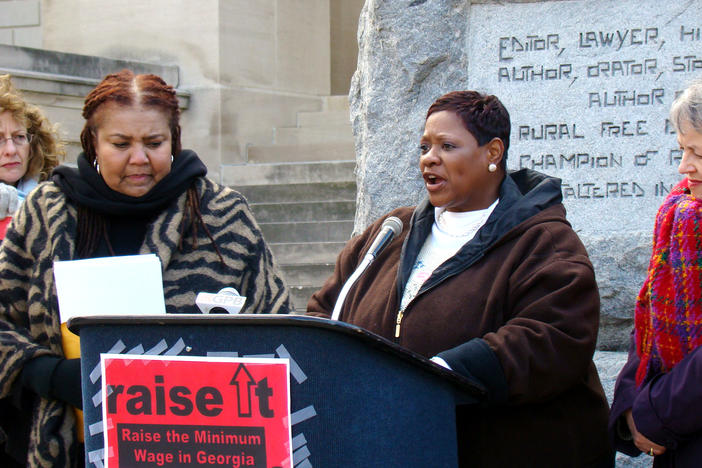 In 2008, the Georgia Minimum Wage Coalition, a participating member of the Let Justice Roll living wage coalition, leaders hold a press conference in Atlanta, Georgia.