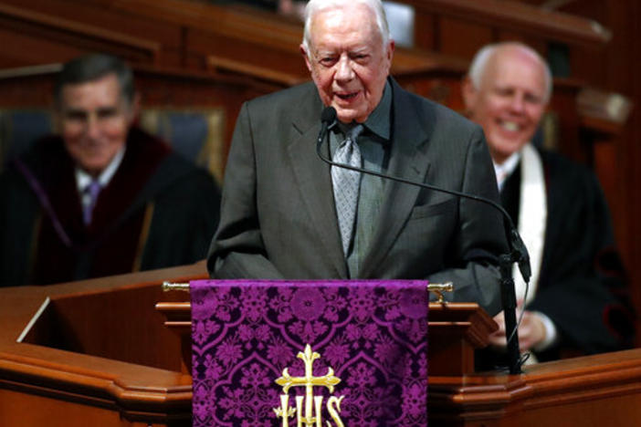 Former President Jimmy Carter speaks during a funeral service for former and former Georgia Gov. Zell Miller March 27. 2018, in Atlanta. 