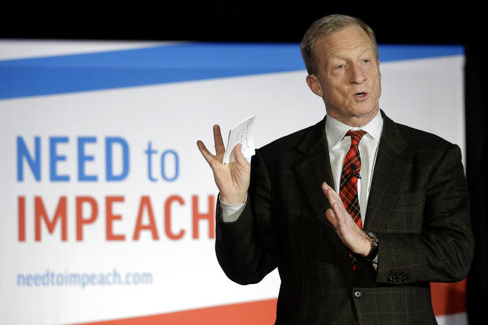 Democratic activist Tom Steyer speaks during a "Need to Impeach" town hall event in Agawam, Mass. There has been rising disagreement among congressional Democrats over whether to pursue impeachment of President Donald Trump.