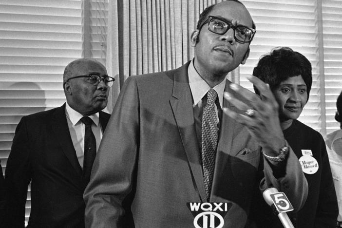 In this Oct. 20, 1969, file photo, Georgia state Sen. Leroy Johnson speaks for a group of Atlanta African American leaders in support of Vice Mayor Sam Massell at a City Hall news conference in Atlanta.