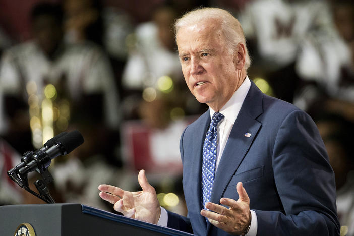 Vice President Joe Biden speaks at Morehouse College as part of a campaign to raise awareness of sexual assault on college campuses Tuesday, Nov. 10, 2015, in Atlanta.