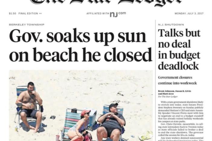 The New Jersey Star-Ledger took aerial photos of New Jersey Gov. Chris Christie and his family at Island Beach State Park, where there's a governor's residence. Beaches were closed, due to no budget. Is Christie's political career toast?