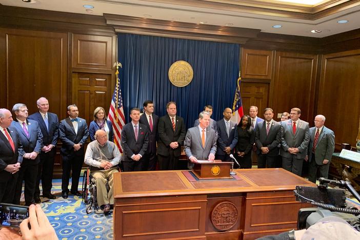 Gov. Brian Kemp speaking during a press conference Tuesday, February 12, 2019 at the State Capitol.