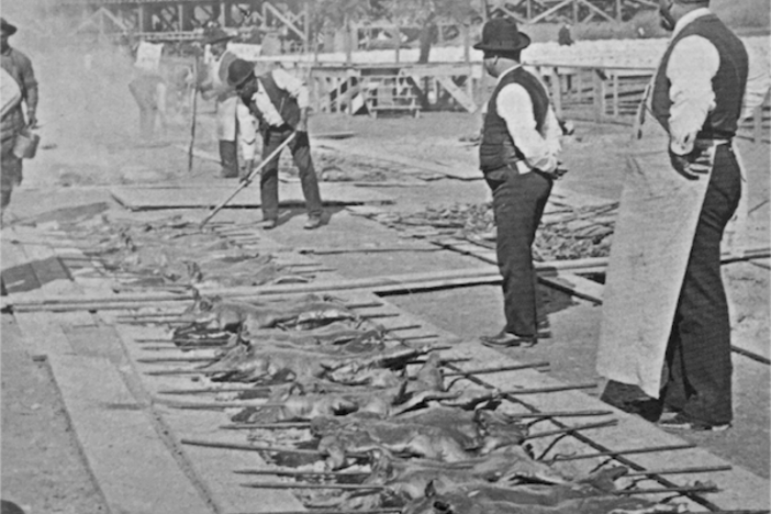 Men check the barbecue pits at the 1895 Cotton States and International Exposition in Atlanta, Georgia.