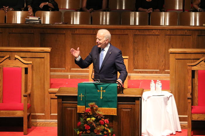 Presidential candidate and former Vice President Joe Biden speaks to the congregation of 16th Street Baptist Church in Birmingham, Alabama on Sept. 15, 2019.