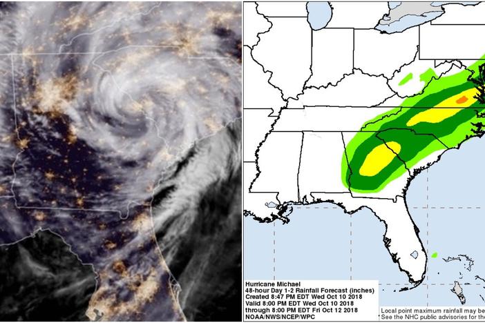 Michael is now a tropical storm near the Georgia/South Carolina border.  Strong winds, heavy rain, and tornadoes are expected across portions of Georgia, South Carolina, and North Carolina today. 