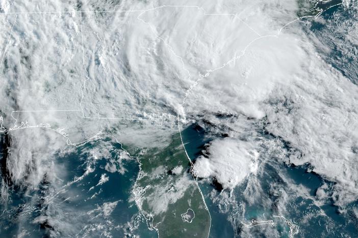This GOES-16 satellite image taken Wednesday, May 27, 2020, at 11:40 UTC and provided by THE National Oceanic and Atmospheric Administration (NOAA), shows Tropical Storm Bertha approaching the South Carolina coast.