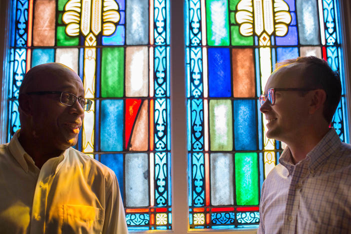 The Rev. James W. Goolsby, Jr., senior pastor of the First Baptist Church, left, and the Rev. Scott Dickison, senior pastor of First Baptist Church of Christ, right, pose for a photo at Dickison's church in Macon, Ga., on Monday, July 11, 2016.