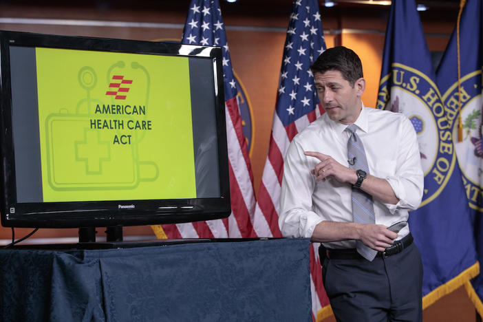 House Speaker Paul Ryan of Wis. uses charts and graphs to make his case for the GOP's long-awaited plan to repeal and replace the Affordable Care Act, Thursday, March 9, 2017, during a news conference on Capitol Hill in Washington.