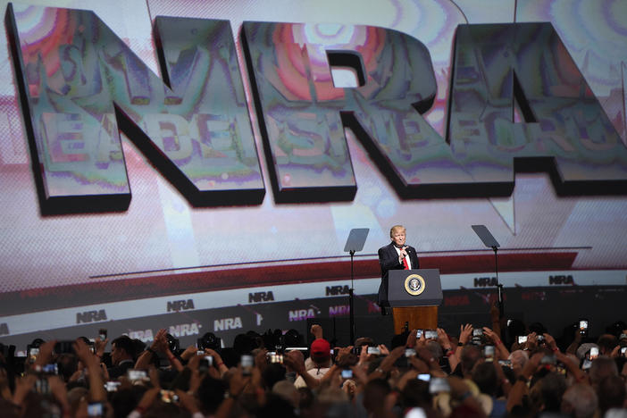 President Donald Trump speaks at the National Rifle Association-ILA Leadership Forum, Friday, April 28, 2017, in Atlanta. The NRA is holding its 146th annual meetings and exhibits forum at the Georgia World Congress Center.
