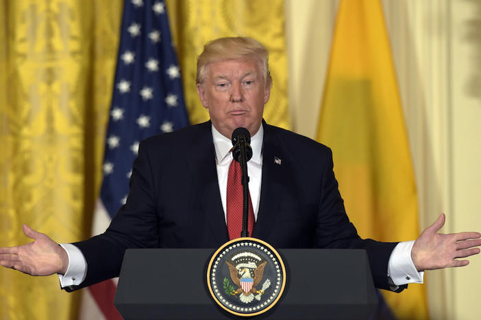 President Donald Trump speaks during a news conference with Colombian President Juan Manuel Santos in the East Room of the White House in Washington, Thursday, May 18, 2017. 