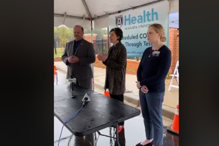 Augusta Health Vice President Dr. Philip Coule, CEO Katrina Keefer, and CIO Mallory Myers announced via livestream the opening of a new testing facility at Patriots Park.