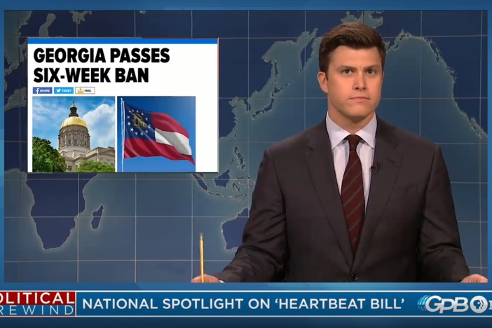 Comedian Colin Jost of NBC's Saturday Night Live opens a segment with a joke referrencing Georgia's new anti-abortion law.