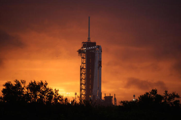 Ahead of Saturday's flight the SpaceX Falcon 9 rocket with Crew Dragon spacecraft sits on the launch pad at Launch Complex 39A at NASA's Kennedy Space Center in Florida.