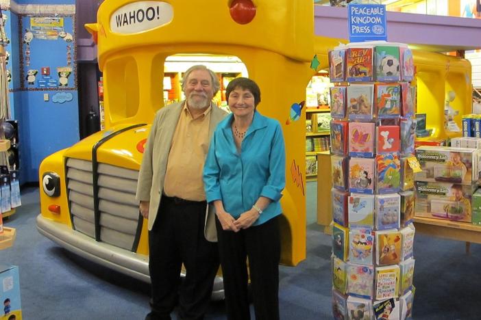 The creators of <em>The Magic School Bus </em>series: illustrator Bruce Degen and author Joanna Cole, posing at the Scholastic Store in New York City in an undated photo.