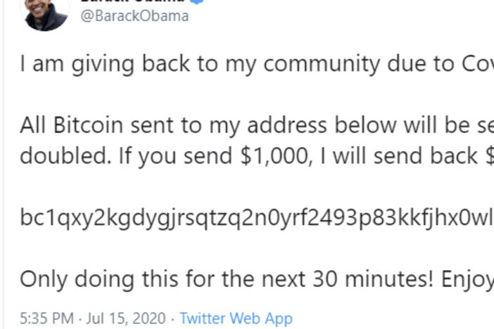 President Barack Obama's Twitter page was hacked on Wednesday as part of a widespread cryptocurrency scam.